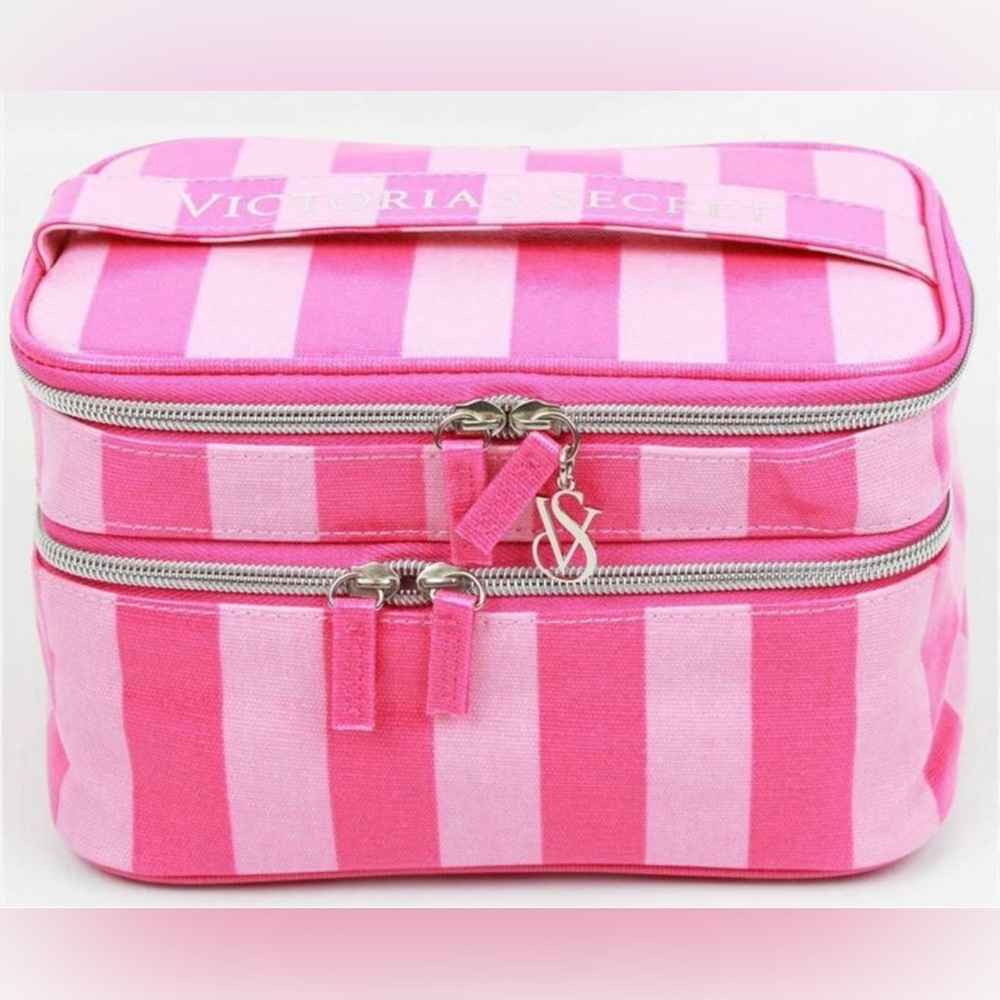 Victoria's Secret Pink Striped Cosmetic Bag With Mirror